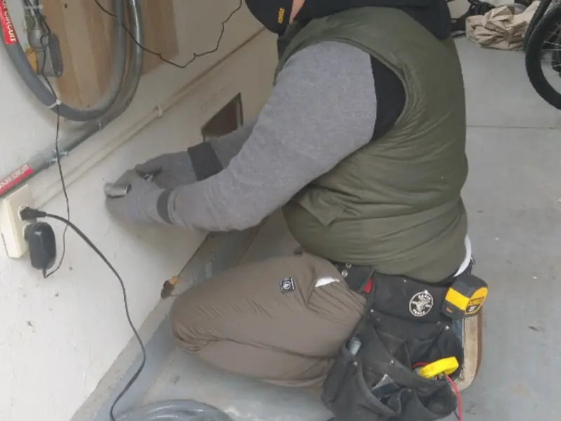 Electrician performing outlet wiring in a Union City garage
